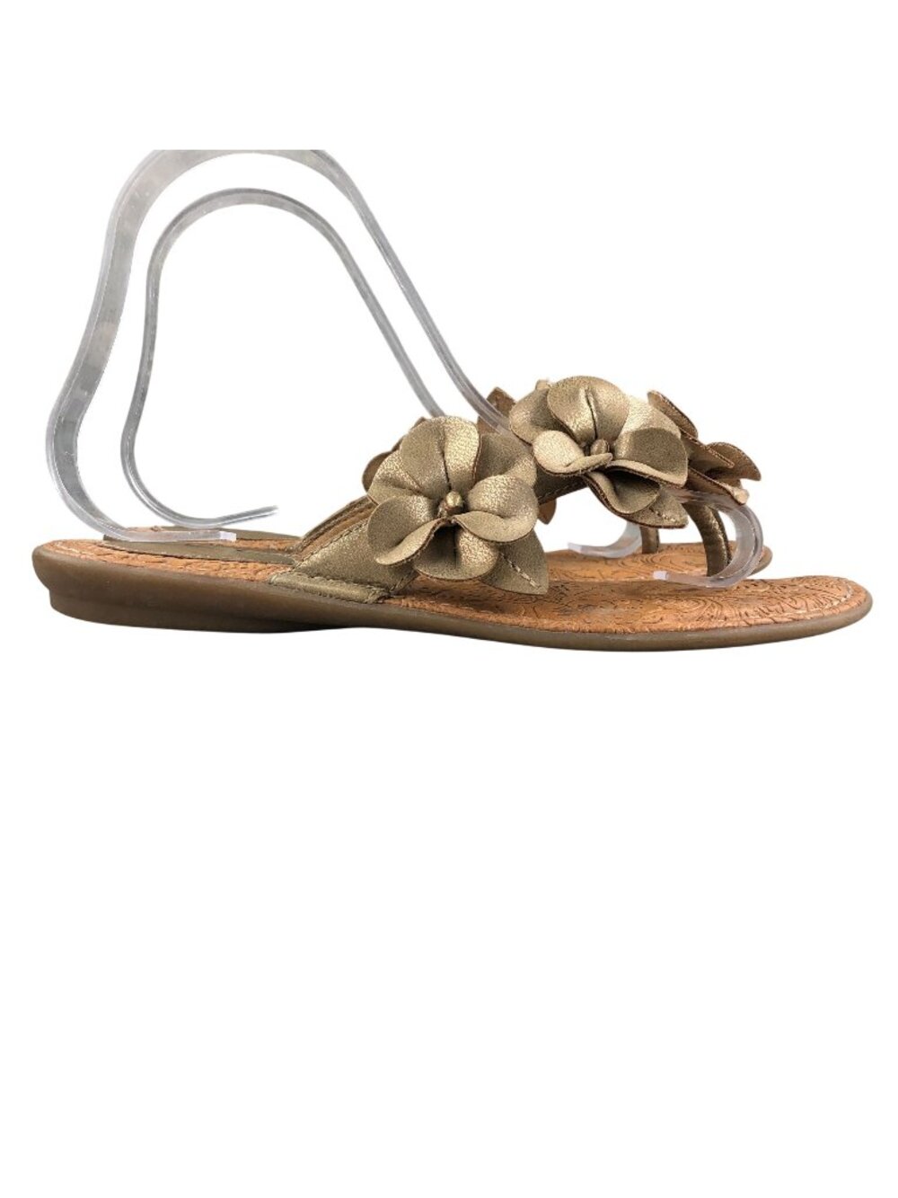 BOC Women's Size 7M Gold Faux Leather Flower Applique Slip On Flats Sandals